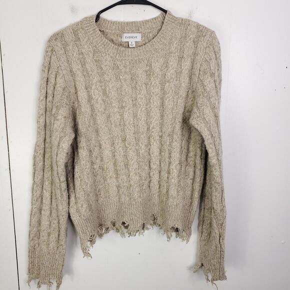 Evereve Sweater Womens M Chewed Cut Hem Oatmeal Neutral Ribbed Knit Crewneck - Picture 1 of 9